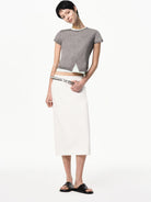 RARELY ALIKE Half Placket Silk Wool Knit Top in Gray - On Female Model