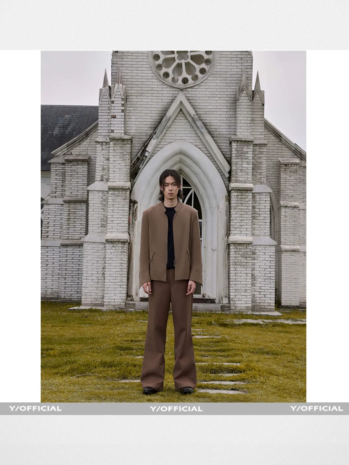 Y OFFICIAL Zip Stand Collar Jacket in Olive - On Male Model