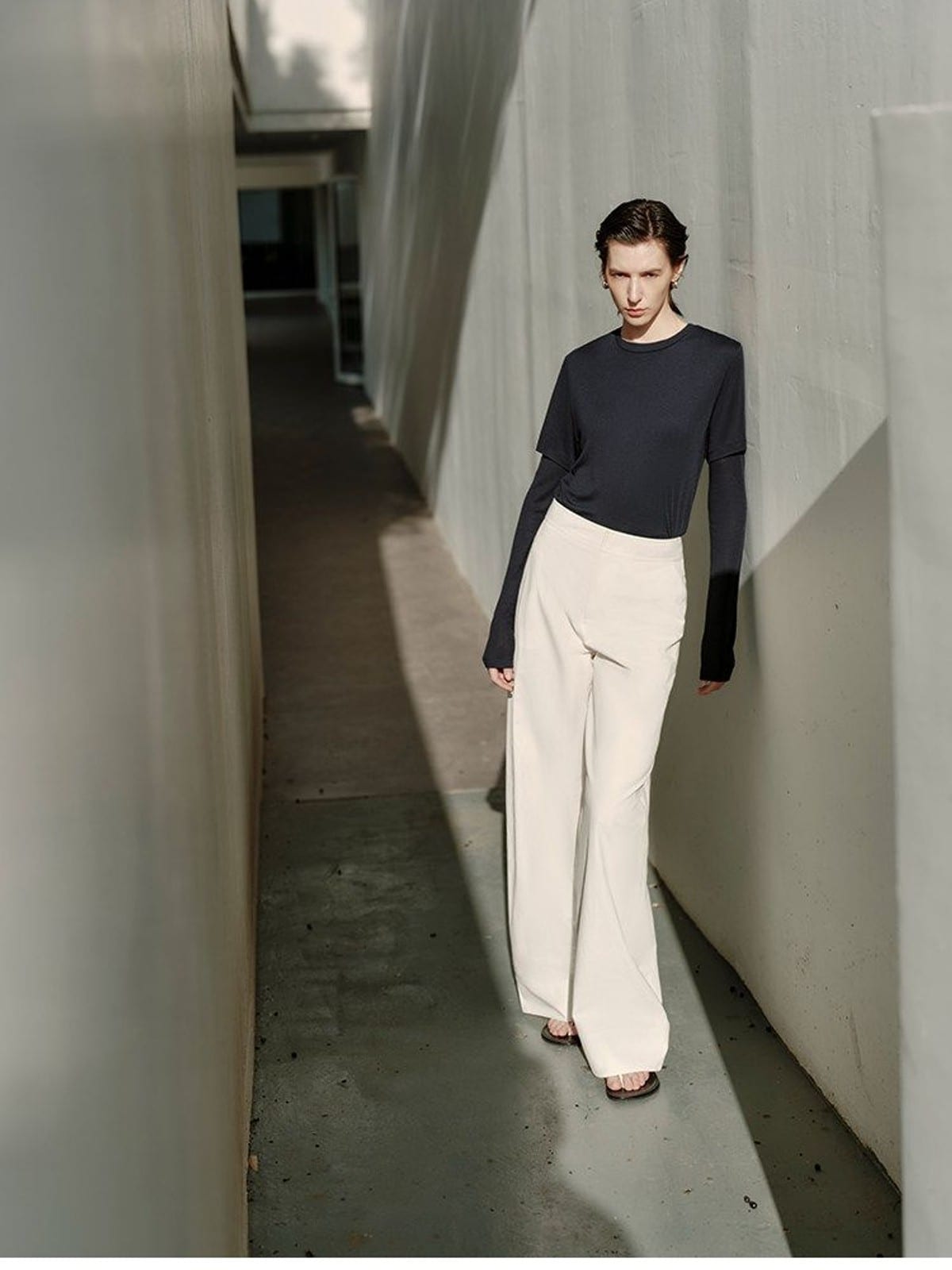 MSBEAST Textured Cotton Wide Leg Trousers in White - On Female Model