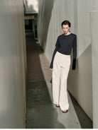 MSBEAST Textured Cotton Wide Leg Trousers in White - On Female Model