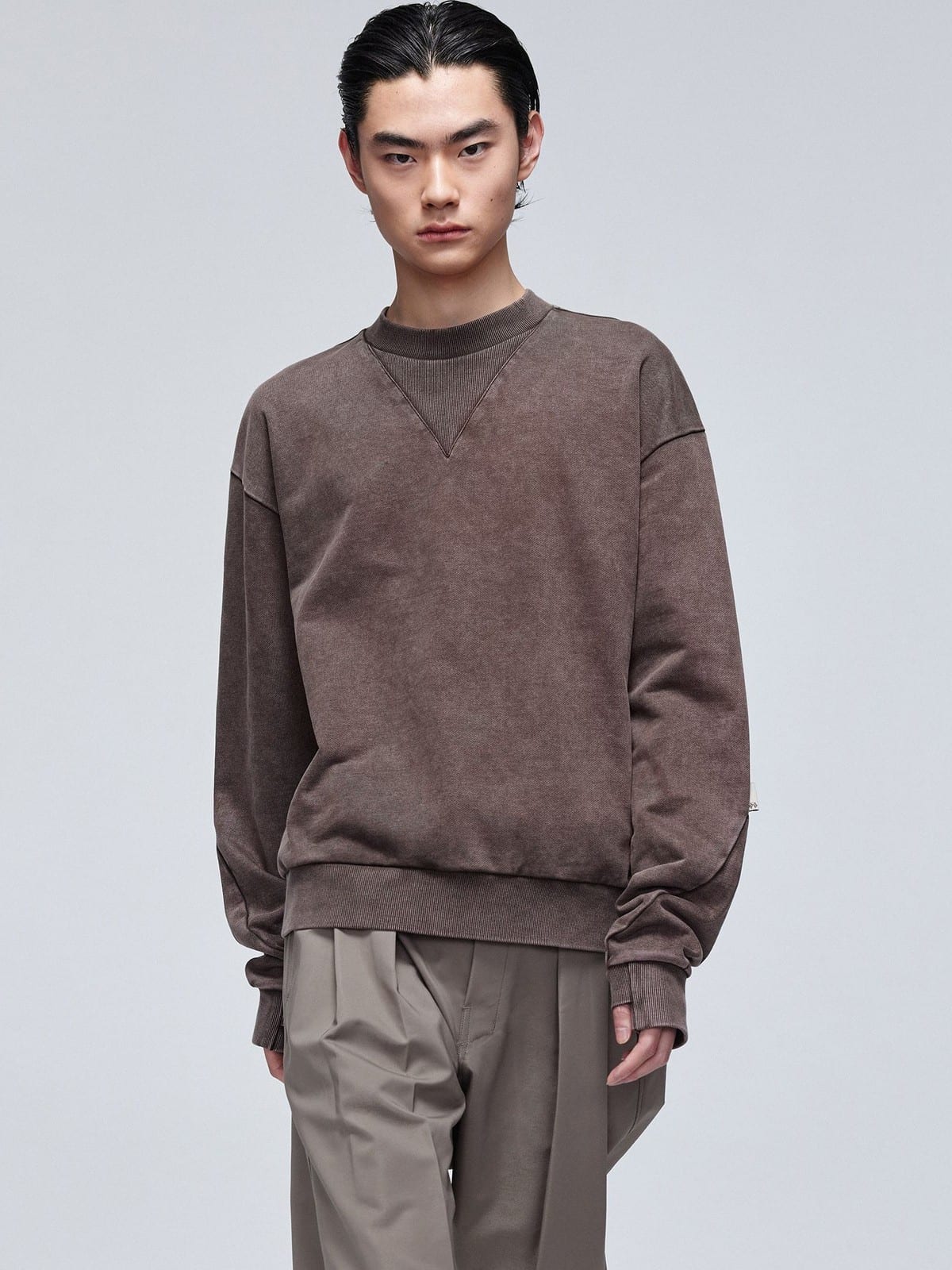 SIMPLE PROJECT Faded Cotton Crewneck Sweatshirt in Gray - On Male Model