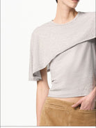 RARELY ALIKE Asymmetrical Draped Lyocell Blend Top in Gray - On Female Model