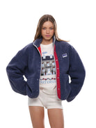 SweetChilling Double Layer Fleece High Collar Jacket in Navy Blue - On Female Model
