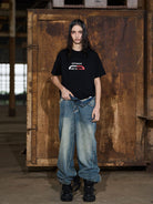 BLINDNOPLAN Distressed Washed Straight Jeans in Blue - On Female Model