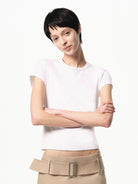 RARELY ALIKE Cotton Bowknot Crewneck T Shirt in White - On Female Model