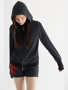 THELIGHT OFFICIAL Striped Zip Up Hoodie in Gray - On Female Model