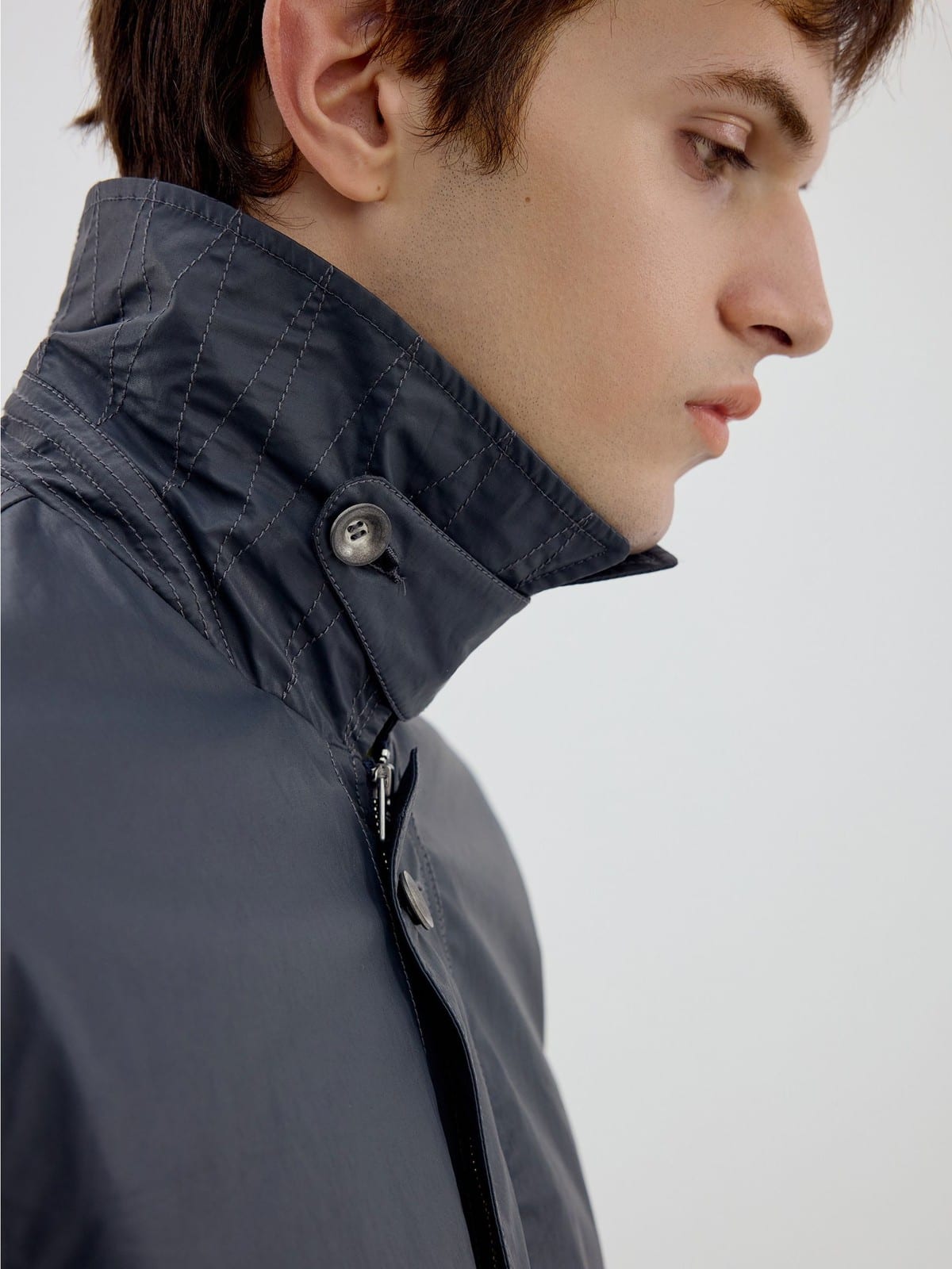 SIMPLE PROJECT Coated Drawstring Hunting Jacket in Gray - On Male Model