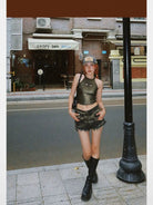 BeerBro Distressed Raw Hem Denim Shorts in Denim - On Female Model