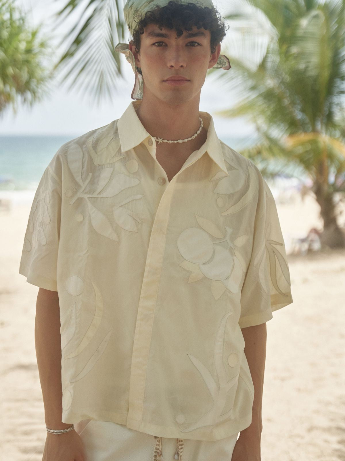 Retro 21 Appliqu Lyocell Camp Shirt in White - On Male Model