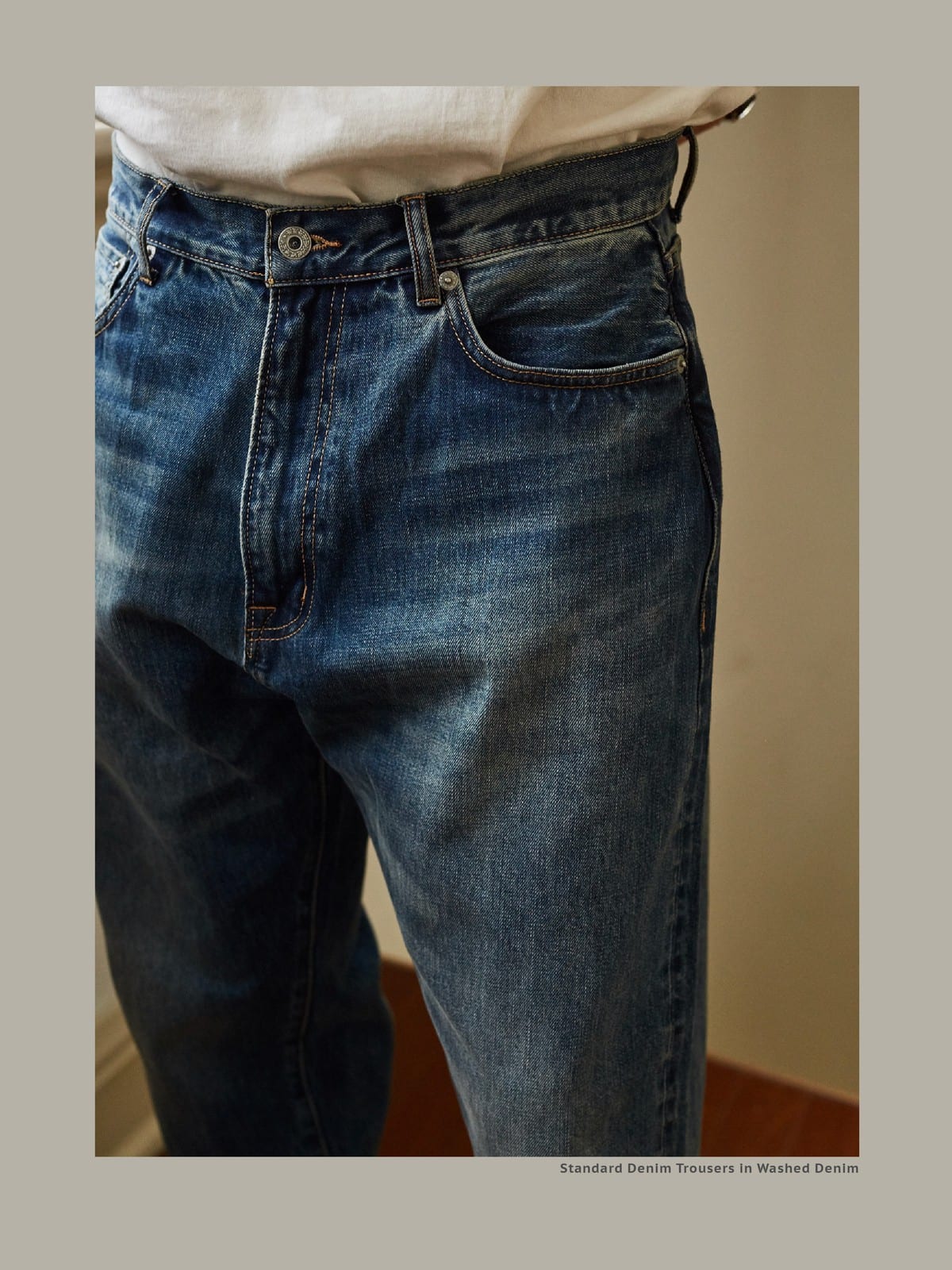 USAGE Heavily Washed Selvedge Denim Jeans in Washed Denim - On Model