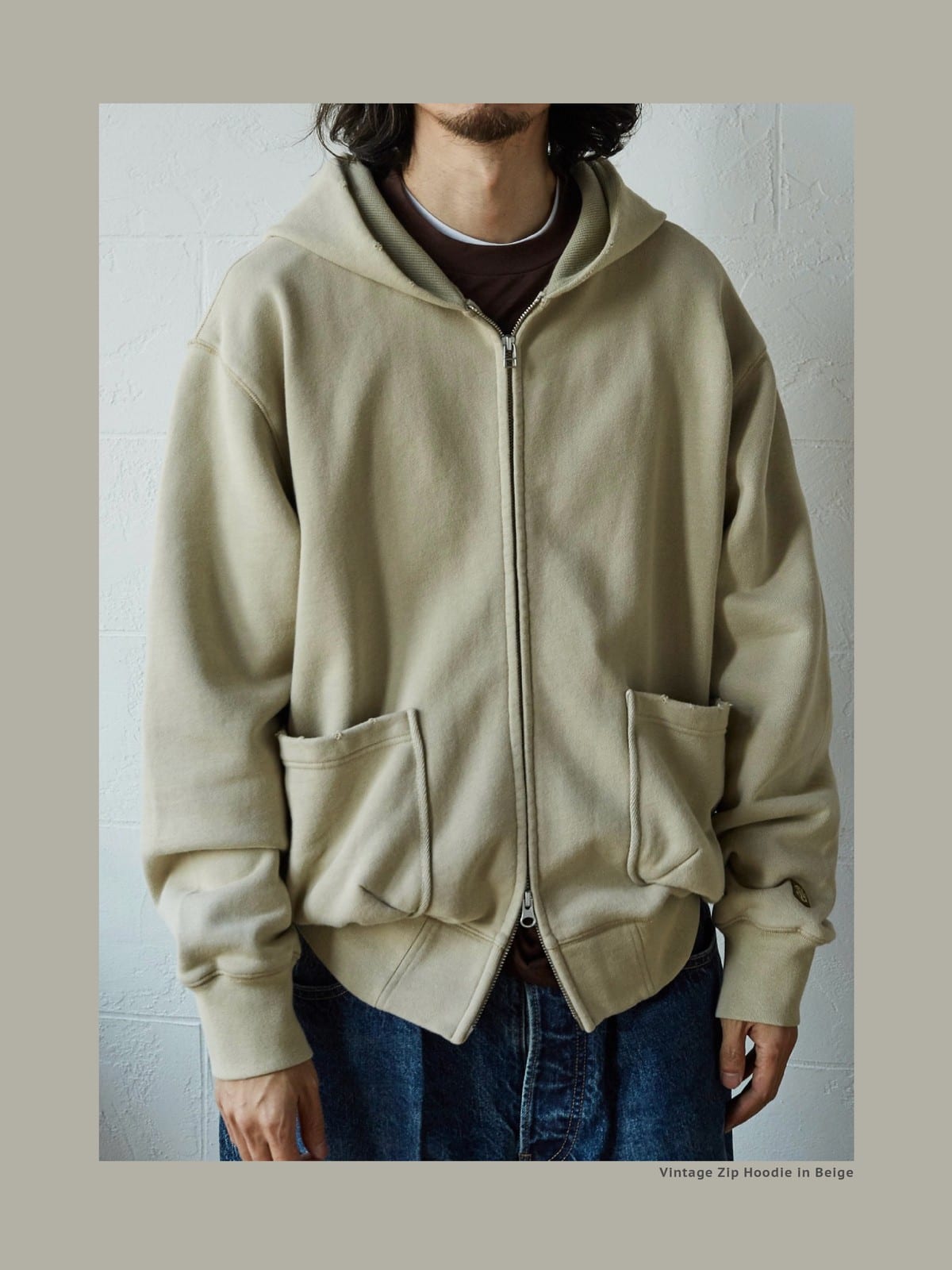 USAGE Hand Distressed Washed Zip Hoodie in Beige - On Male Model
