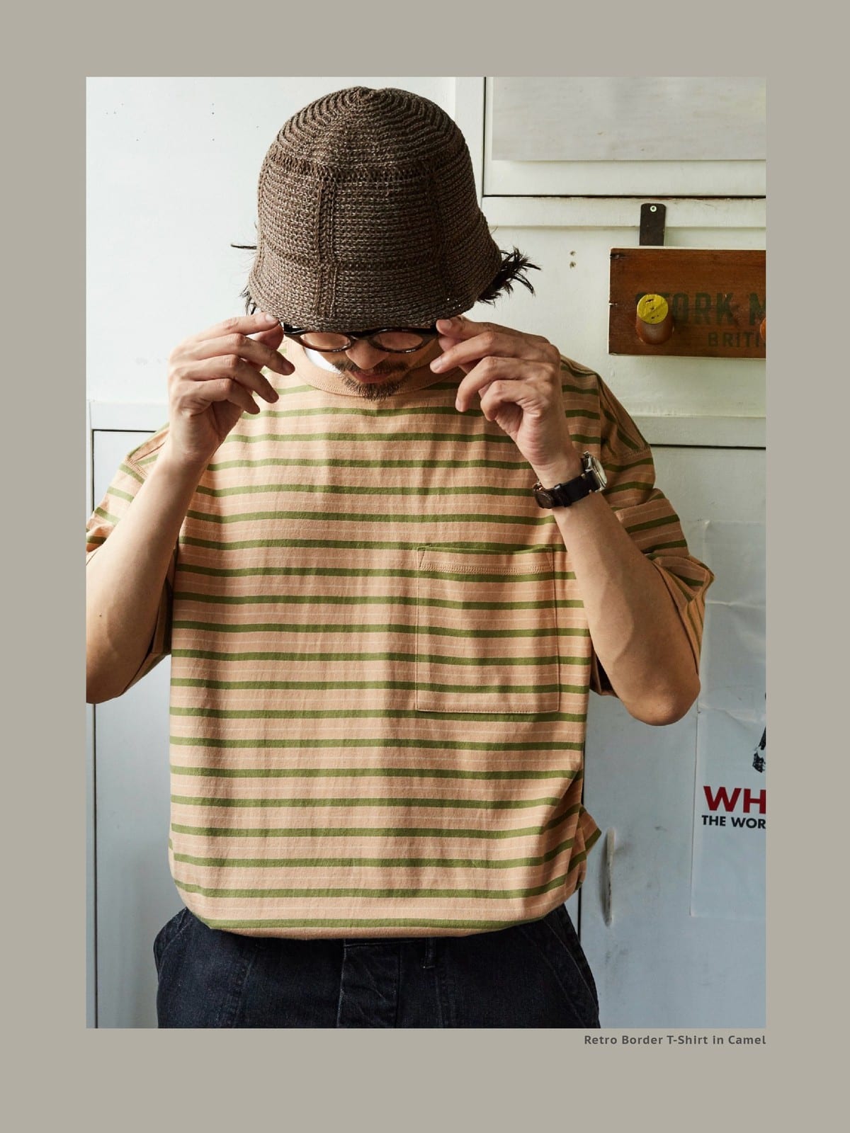 USAGE Retro Striped Cotton T Shirt in Pink - On Male Model