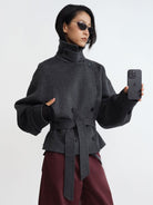 RARELY ALIKE Belted Double Breasted Short Wool Coat in Gray - On Female Model