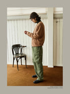 USAGE Heavyweight Waffle Knit Zip Cardigan in Beige - On Male Model