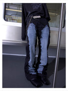 TRIANGLE PROJECT Deconstructed Patchwork Micro Flare Jeans in Black - On Model