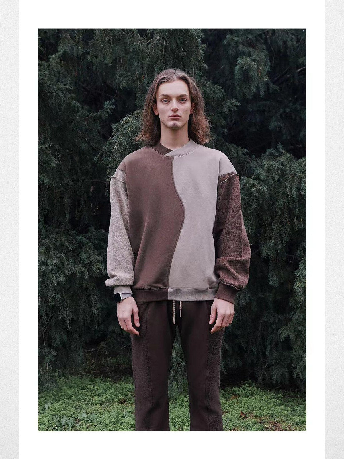 Retro 21 Reversible Patchwork Sweatshirt in Brown - On Male Model