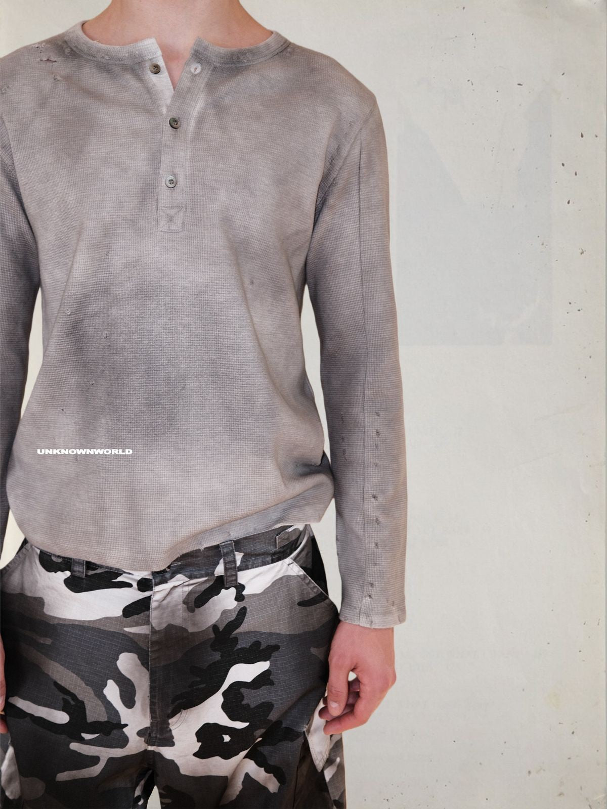 UNKNOWNWORLD Distressed Cotton Waffle Henley in Gray - On Male Model