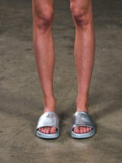 SMFK Leather Cross Detail Slide Sandals in Gray - On Model