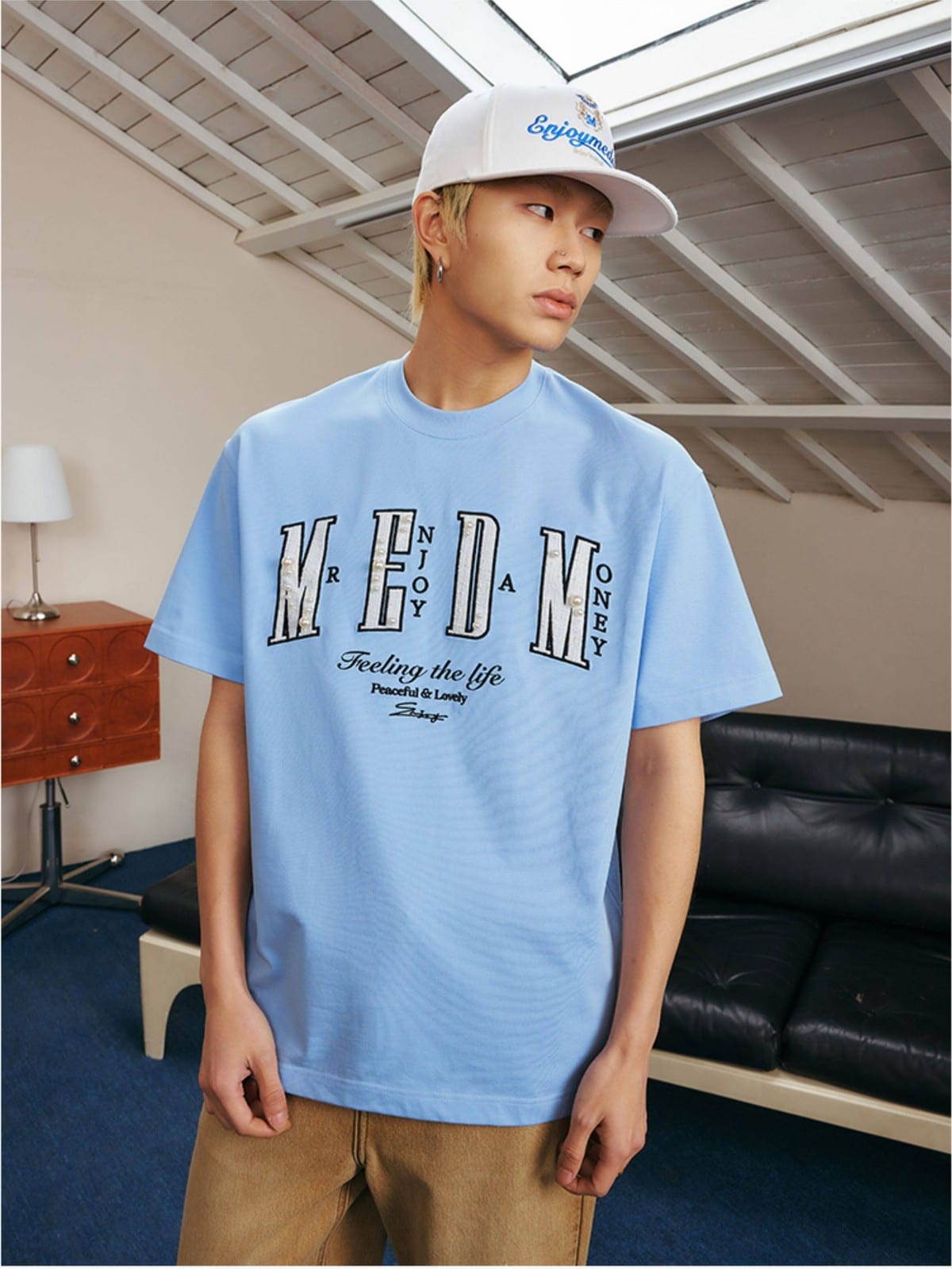 MEDM Pearl Embellished Letter Cotton T Shirt in Sky Blue - On Male Model