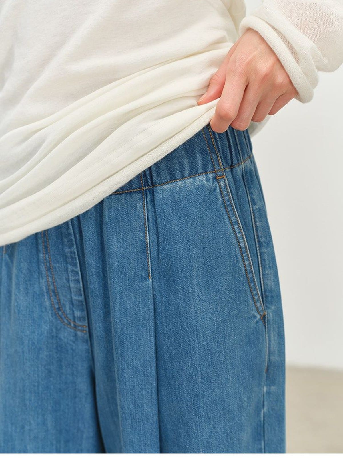 MSBEAST Silk Cotton Pleated Wide Leg Jeans in Denim - On Model
