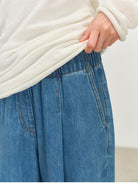 MSBEAST Silk Cotton Pleated Wide Leg Jeans in Denim - On Model