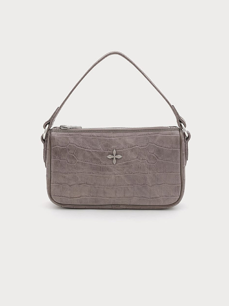 SMFK Small Croc Embossed Leather Shoulder Bag in Gray