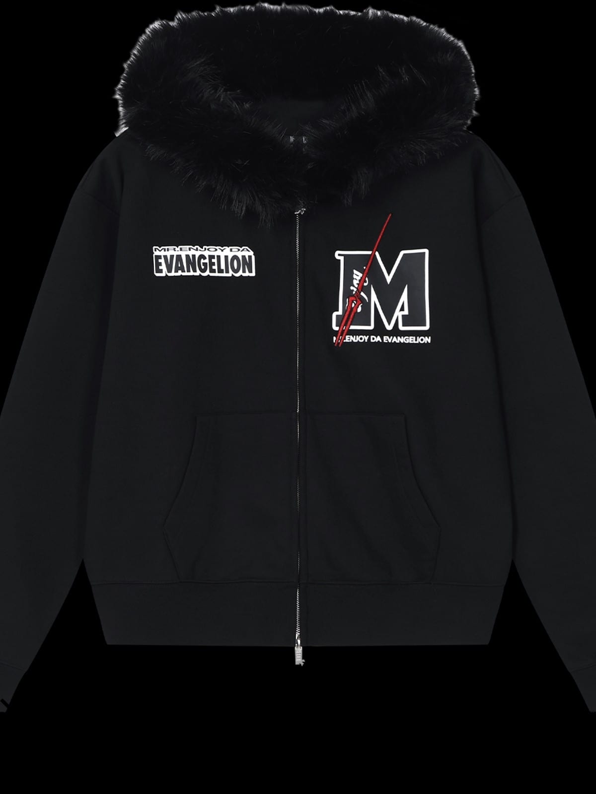 MEDM Faux Fur Trimmed Graphic Zip Hoodie in Black