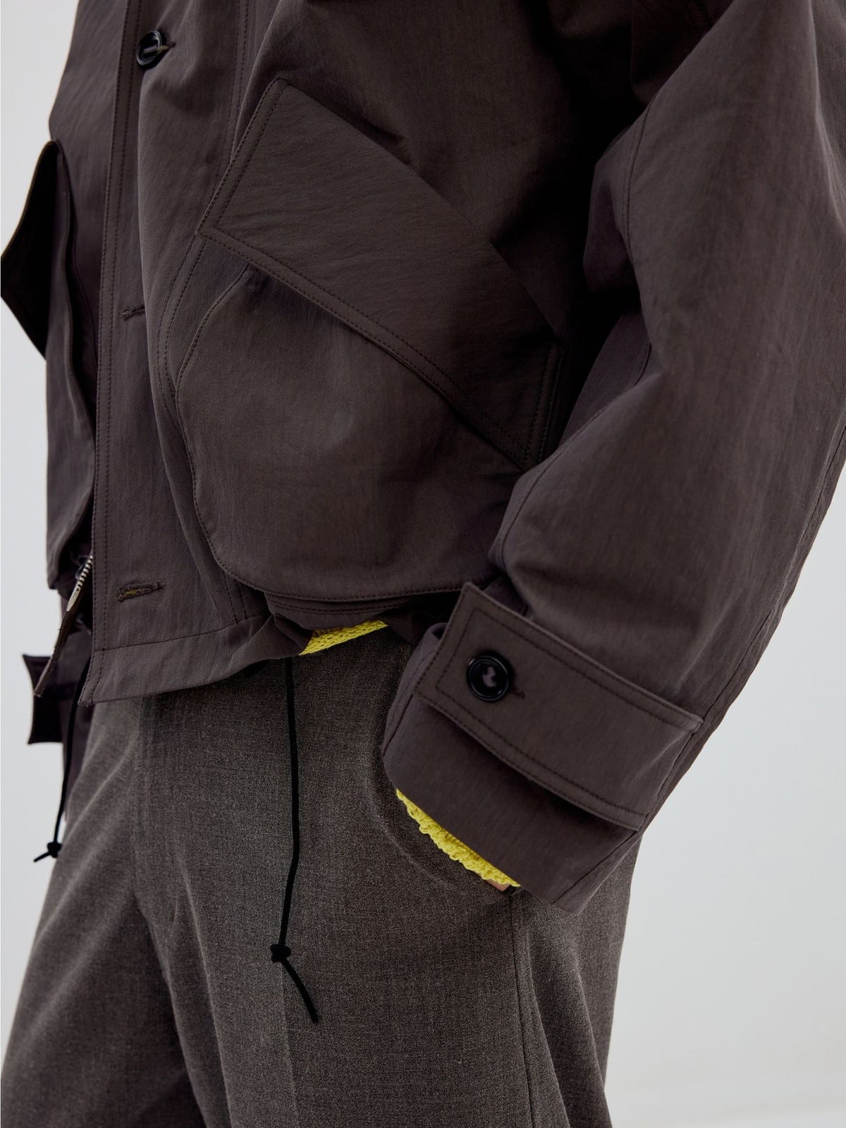 SIMPLE PROJECT Cotton Nylon High Neck Jacket in Brown - On Model