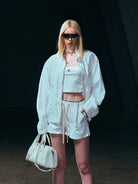 SMFK Nylon Zip Up Sports Jacket in White - On Female Model