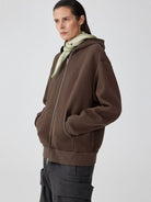 SIMPLE PROJECT Cotton Blend Zip Up Hoodie in Brown - On Female Model