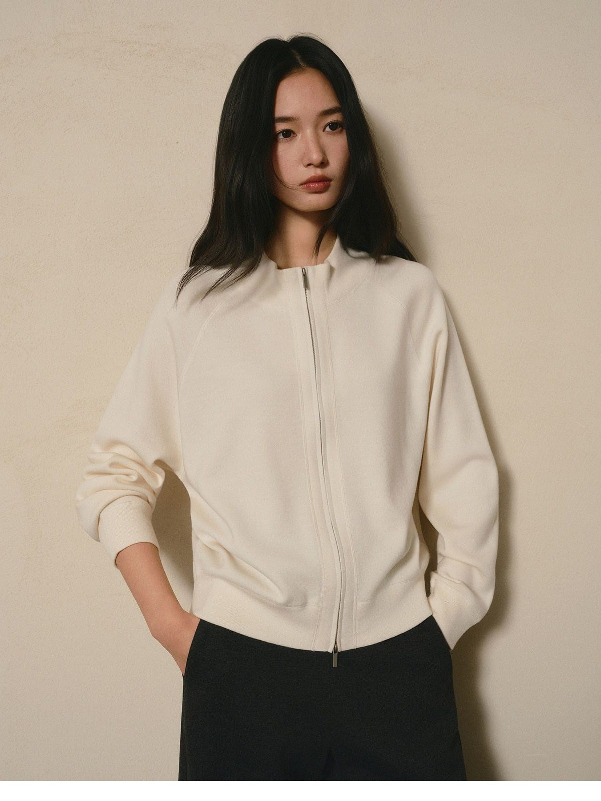 TEASEL Worsted Wool Double Zip Knit Jacket in Cream - On Female Model