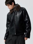 SIMPLE PROJECT Faux Leather Shearling Collar Jacket in Black - On Male Model
