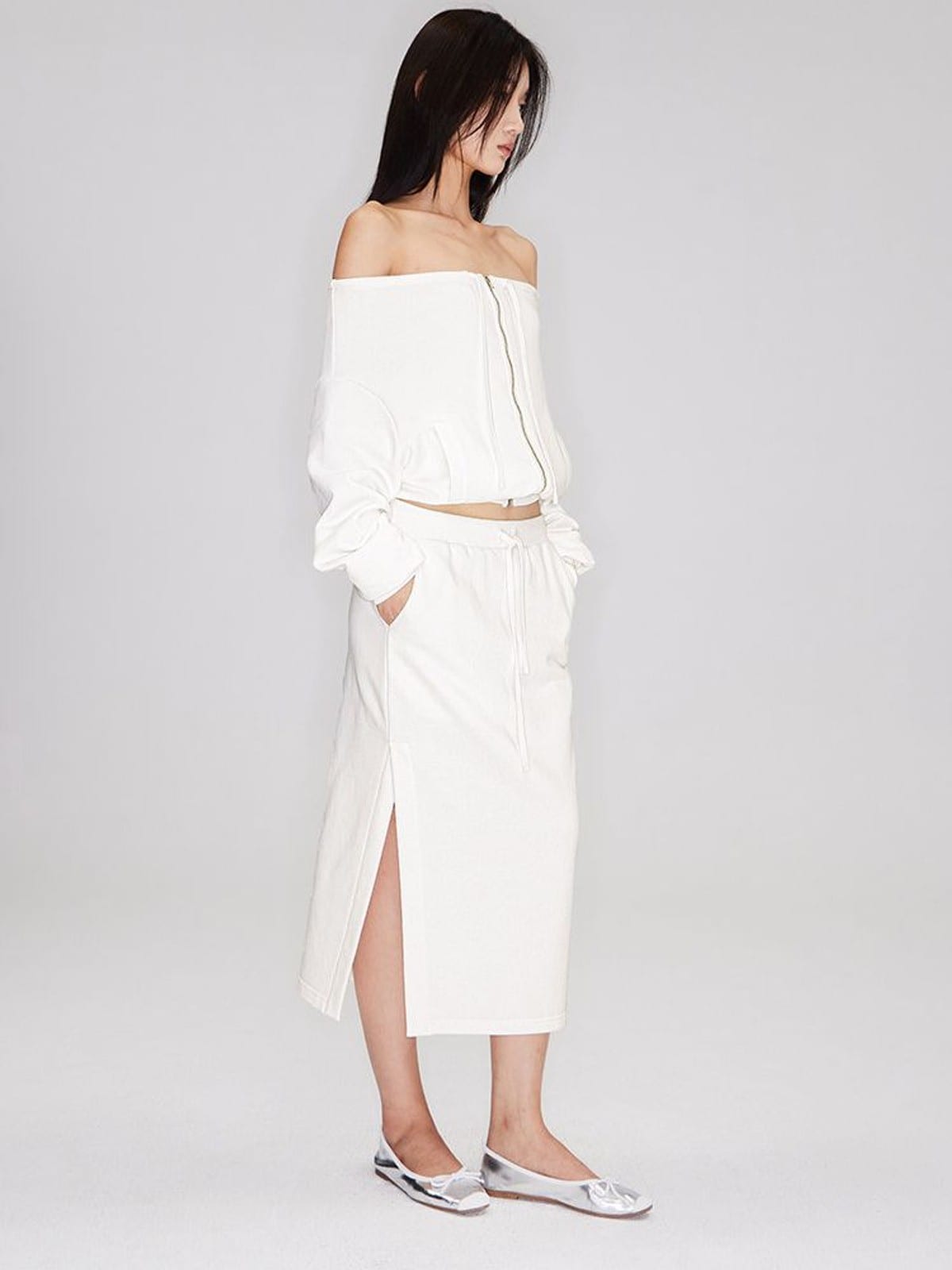 RARELY ALIKE Off Shoulder Zip Up Sweatshirt in White - On Female Model