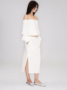RARELY ALIKE Off Shoulder Zip Up Sweatshirt in White - On Female Model