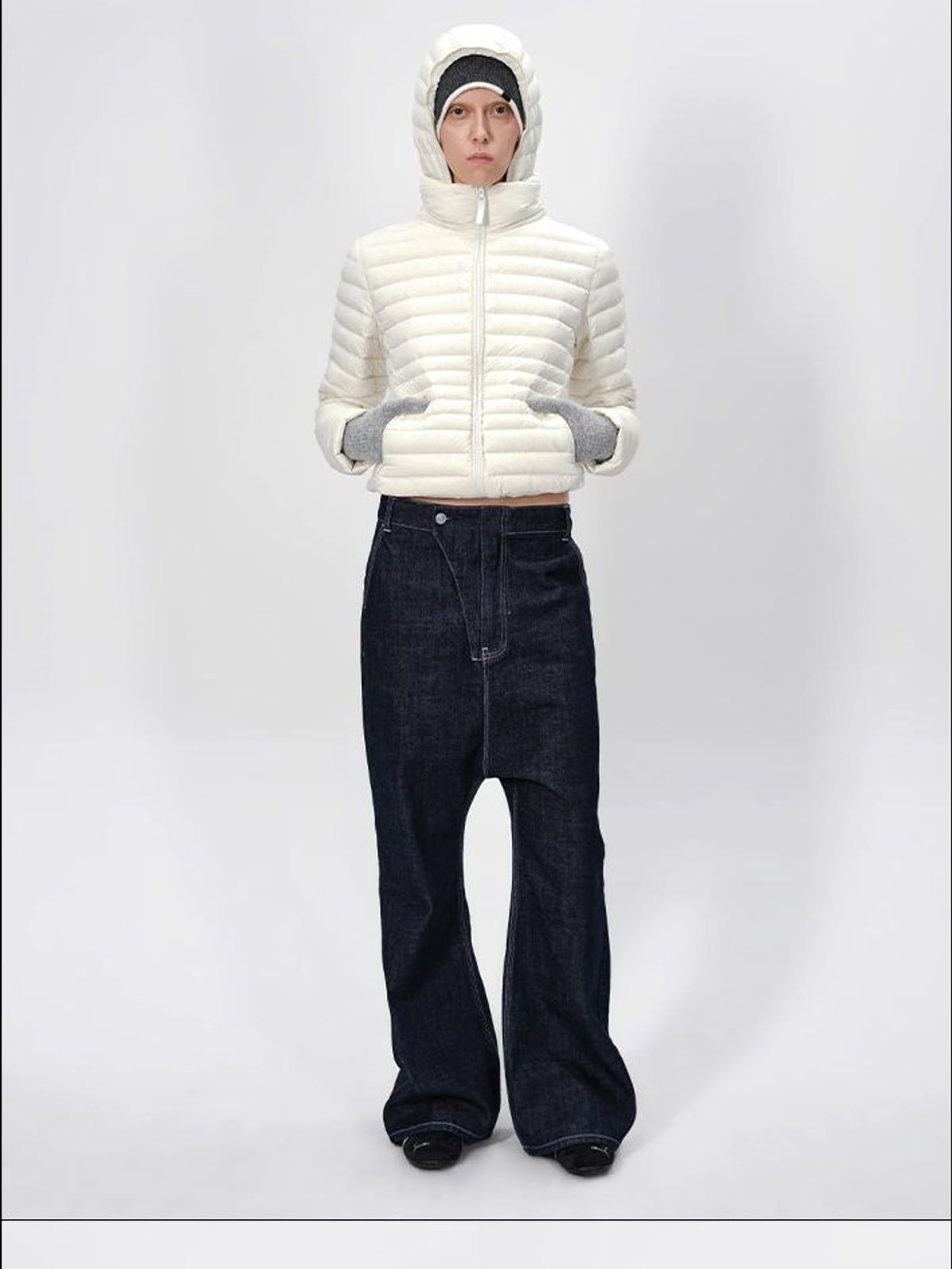 RARELY ALIKE Detachable Hood Duck Down Puffer in White - On Model