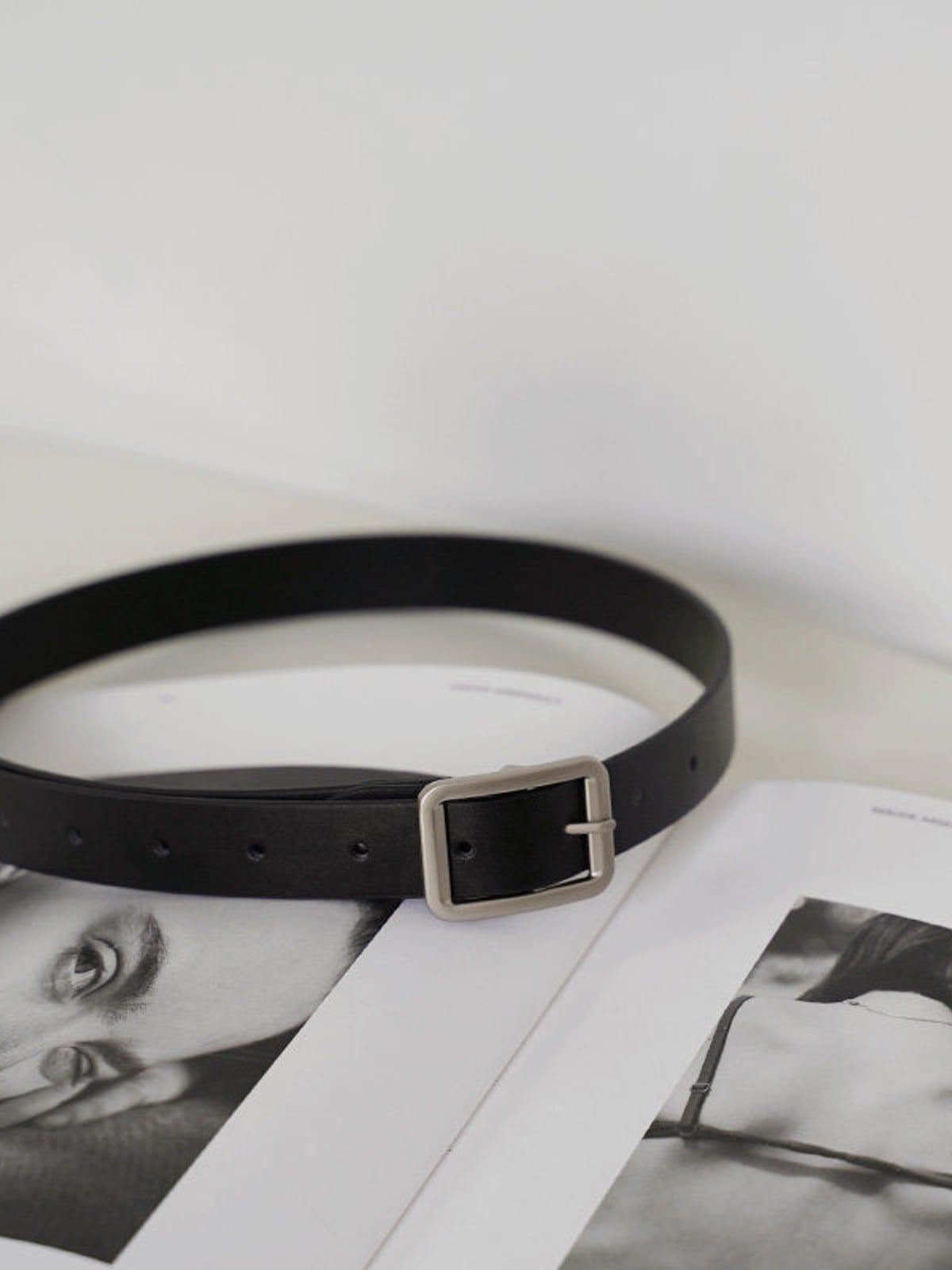 PANLULUPAN Matte Silver Buckle Cowhide Belt in Black - Lifestyle