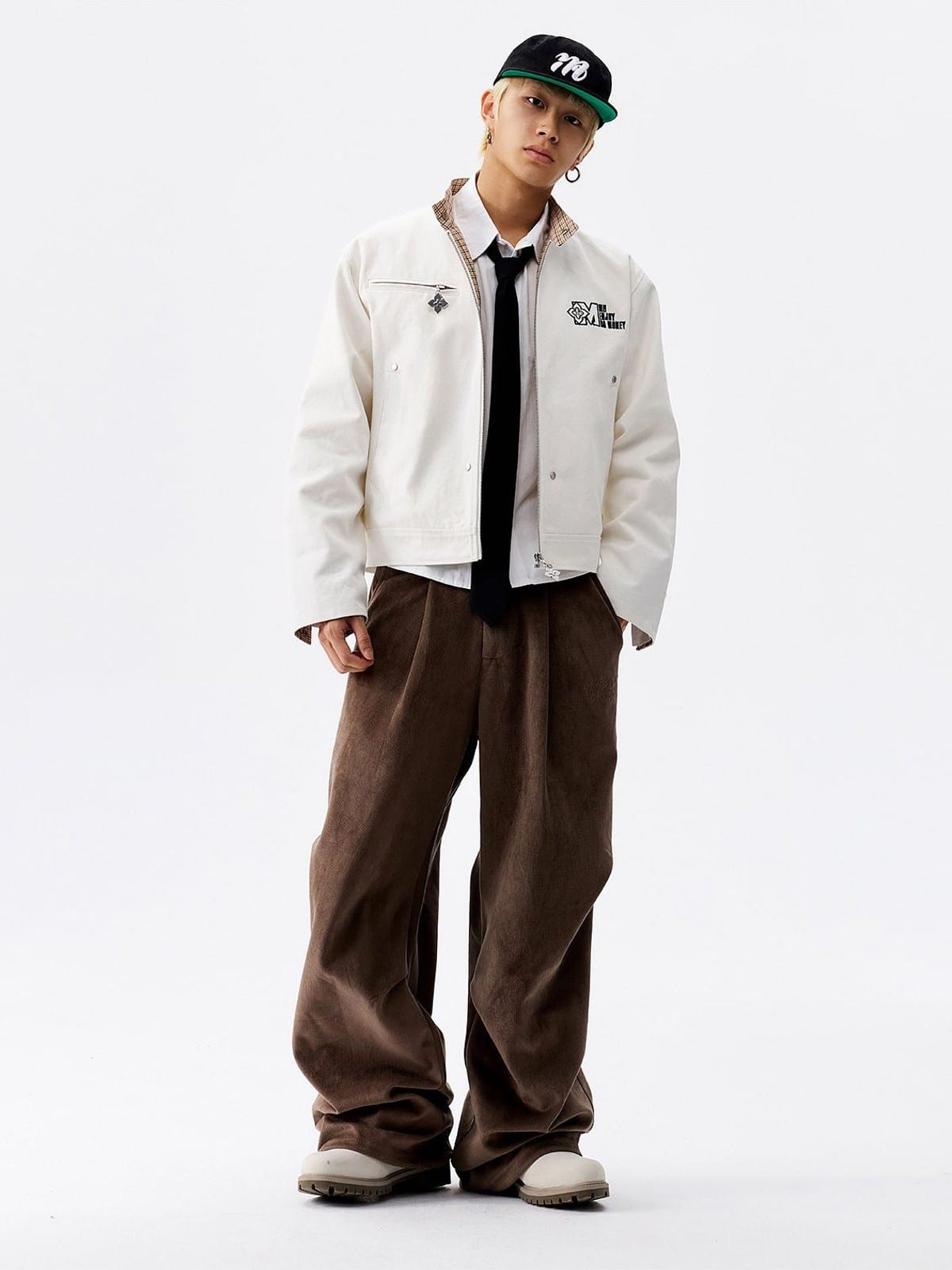 MEDM Plaid Collar Cotton Zip Up Jacket in White - On Male Model