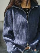 Retro 21 Ribbed Wool Blend Zip Cardigan in Navy Blue - On Female Model