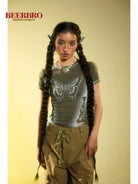 BeerBro Airbrush Butterfly Cutout Tee in Olive - On Female Model
