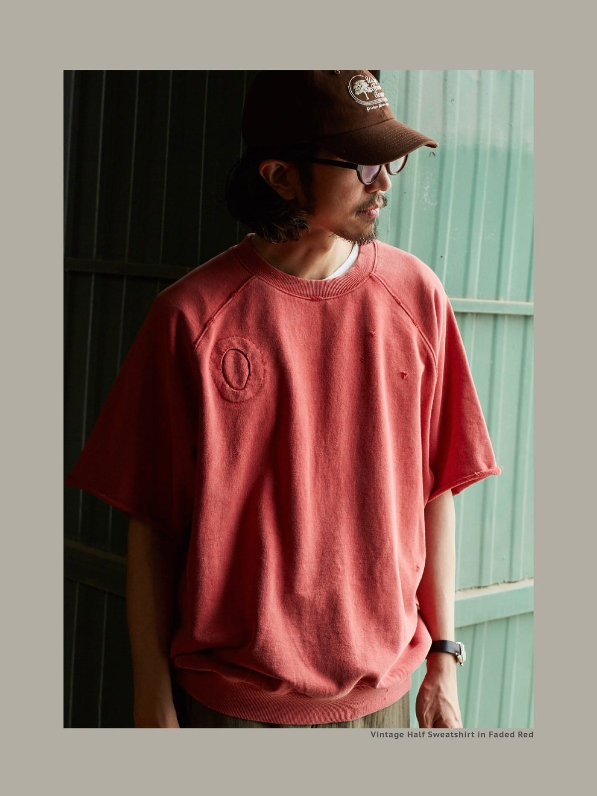 USAGE Vintage Wash Distressed Short Sleeve Sweatshirt in Red - On Male Model