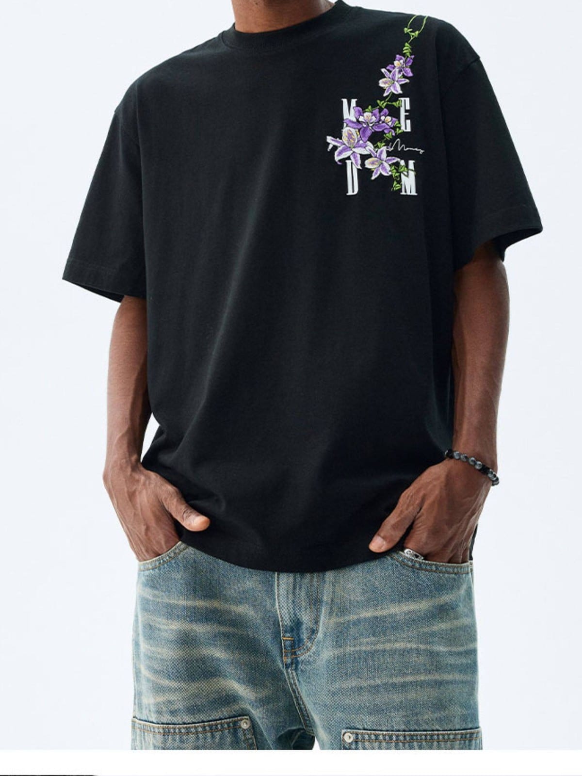 MEDM Floral Vine Embroidered T Shirt in Black - On Male Model