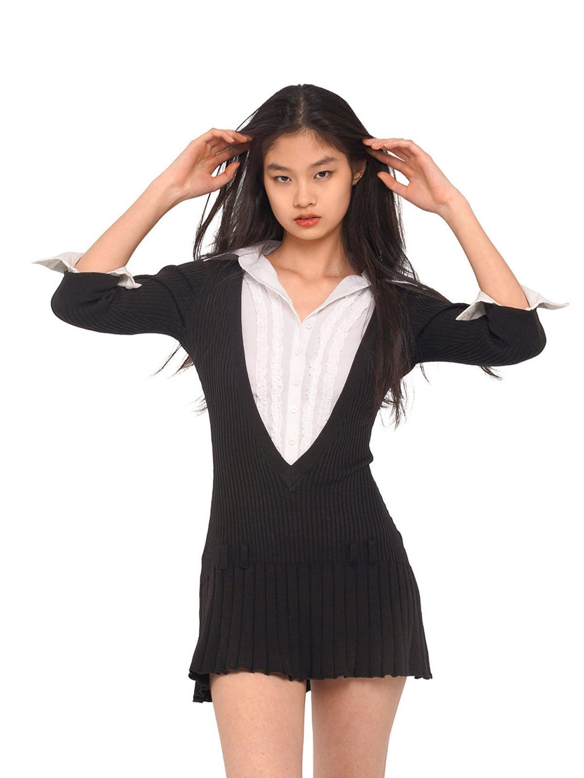 SweetChilling Layered V Neck Pleated Mini Dress in Black - On Female Model