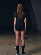 SMFK Silk Blend Short Sleeve Crop Top in Black - On Model