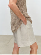 MSBEAST 100 Linen Knee Length Shorts in Beige - On Model