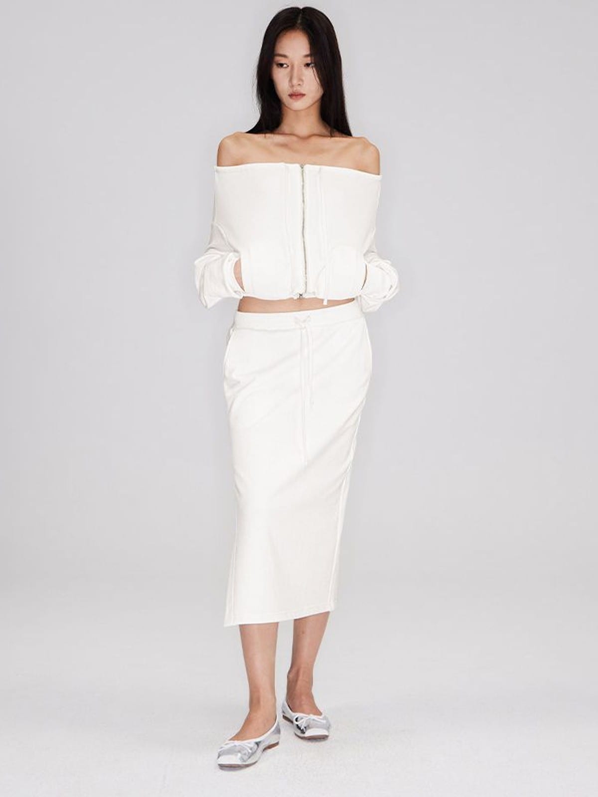 RARELY ALIKE Cotton Side Slit Midi Skirt in White - On Female Model