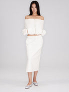 RARELY ALIKE Cotton Side Slit Midi Skirt in White - On Female Model