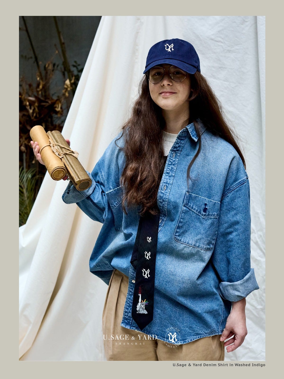 USAGE Washed Distressed Denim Shirt in Denim - On Female Model