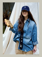 USAGE Washed Distressed Denim Shirt in Denim - On Female Model