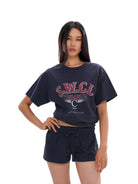 SweetChilling Oversized Vintage Print Cotton T Shirt in Navy Blue - On Female Model