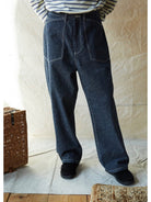 USAGE Vintage Neppy Cotton Straight Leg Jeans in Navy Blue - On Model
